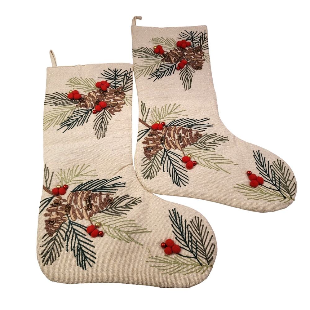 Max Studio Embroidered Beaded Pine Cones Christmas Stockings